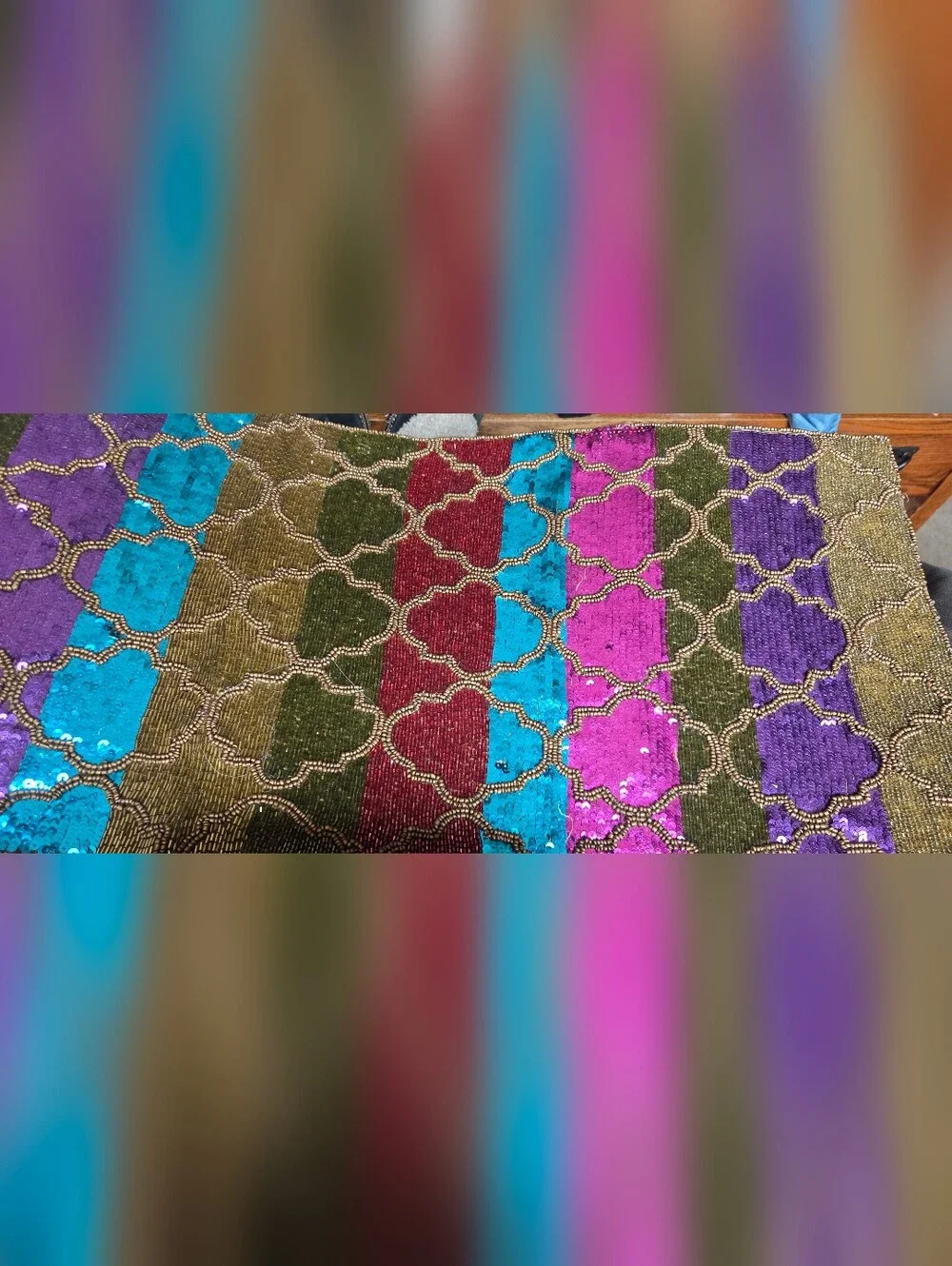 Vintage Pier 1 Imports Beaded & Sequined Table Runner 36X13 Vibrant Color block
